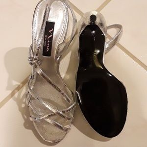 Silver Sandals, never worn 3 1/2 inche heel